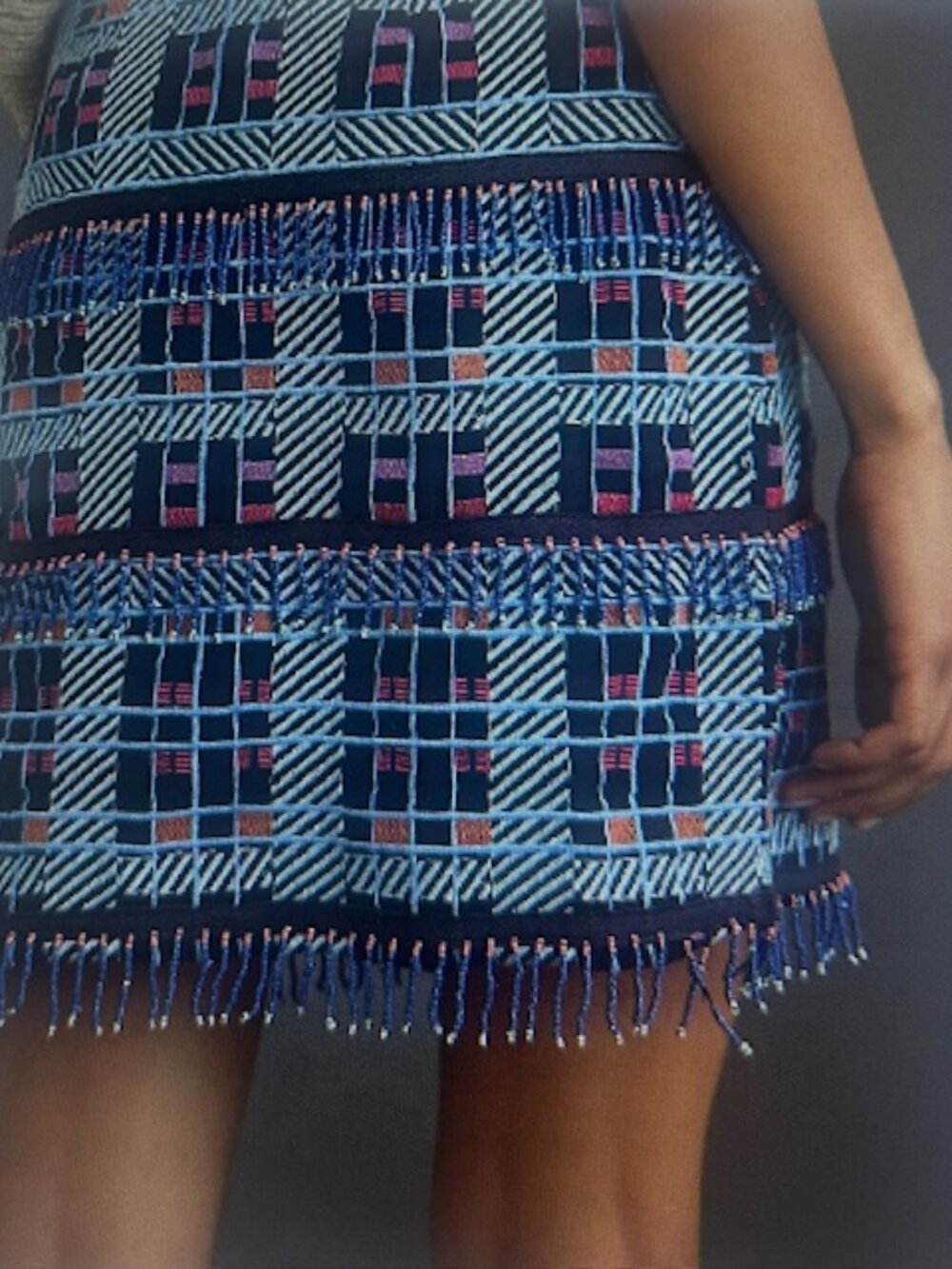 Anthropologie x Maeve Fringe-Trimmed Beaded Checkered Geometric Lined Mini Skirt - Picture 2 of 16